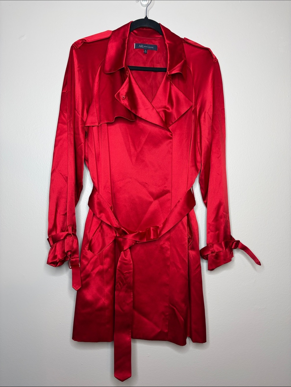 AK Anne Klein 100% Silk Red Satin Trench Coat Jacket - XL Like New